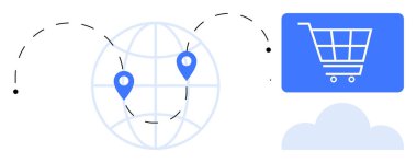 Bulutun üzerindeki mavi bir alışveriş arabası ikonuna giden noktalı yollarla birbirine bağlı konum belirleme iğneleriyle dolu bir dünya. Çevrimiçi alışveriş, lojistik, dağıtım, bağlantı, küreselleşme, dijital pazar yeri için ideal