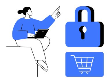 Dizüstü bilgisayarda çalışan bir kadın, kilit ve alışveriş arabası ikonlarının yakınını işaret ediyor. Çevrimiçi güvenlik, e-ticaret, veri gizliliği, alışveriş güvenliği, siber güvenlik, teknoloji güveni, modern