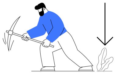 Kazmayı madencilik faaliyeti için kullanan kişi aşağı doğru ok, aşağı dönmeyi ya da daha derine inmeyi simgeler. Çalışma, enerji, ekonomi, ilerleme, zorluk, kaynak, basit bir düzlemde derinlik metaforu için ideal