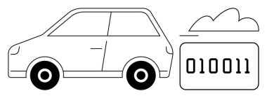 İOT, veri entegrasyonu ve akıllı hareket kabiliyetini temsil eden ikili kod ve bulutun yanında küçük bir araba. Yenilik, bağlantı, çevre, otomasyon, teknoloji taşımacılığı için ideal basit