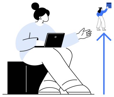 Dizüstü bilgisayarı olan bir kadın daha küçük bir figüre el uzatıyor mavi yukarı ok üzerinde kitabı tutuyor. Rehberlik, eğitim, akıl hocalığı, takım çalışması, kariyer gelişimi, arzu, teşvik için idealdir. Düz basit