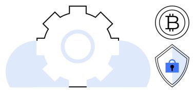 Bitcoin sembolü ile çevrili bulut teçhizatı ikonu ve kalkanlara kilitlenin. Teknoloji, engelleme zinciri, siber güvenlik, veri koruması, bulut bilgisayarı, dijital varlık yönetimi, güvenli işlemler için ideal