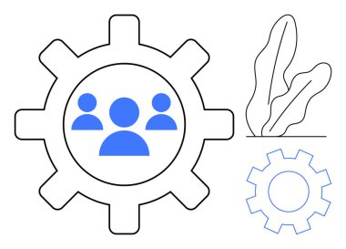 Merkezde işbirliği ve takım yönetimini temsil eden, soyut bitki ve minimalist dişli ana hatlarıyla eşleştirilmiş grup simgesine sahip bir ekipman. Takım çalışması, organizasyon ve yönetim için ideal