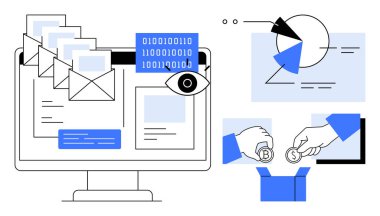 E-postalar için zarflar, veri içeren bilgisayar ekranları, çizelgeler, para değiş tokuşu. Teknoloji, iletişim, veri güvenliği, e-posta pazarlama, e-ticaret analitiği için ideal. Düz basit