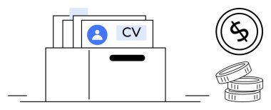 Para ve dolar işaretinin yanındaki özgeçmişlerle dolu klasör iş arama, işe alma ve kariyer büyümesini temsil ediyor. İşe alım, insan kaynakları, serbest çalışma, kariyer planlaması, maaş pazarlığı için ideal