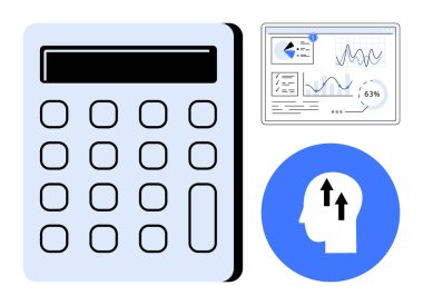 Hesap makinesi finansal planlamayı temsil ediyor, analitik gösterge paneli performans veri eğilimlerini gösteriyor ve baş simge de kendini geliştirmeyi simgeliyor. Finans, analiz, planlama, üretkenlik için ideal
