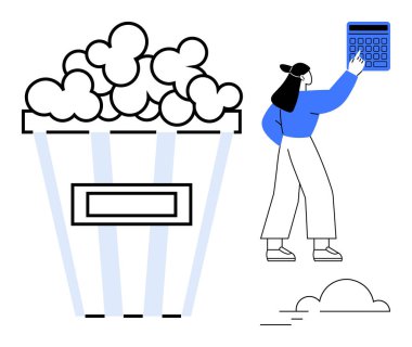 Hesap makinesine uzanan kadın, büyük patlamış mısır kovası, asgari soyut elementler. Boş zaman, sinema, aperatif, planlama, finans, eğlence günlük rutinleri için ideal düz metafor