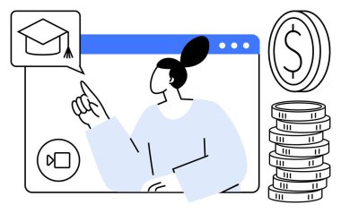 Bir kadın web penceresindeki mezuniyet başlığı simgesini işaret ediyor. Madeni yatırımları temsil eden madeni paralar yığılmış. Eğitim, e-öğrenim, finans, finansman, öğrenim yönetimi, kariyer geliştirme için ideal