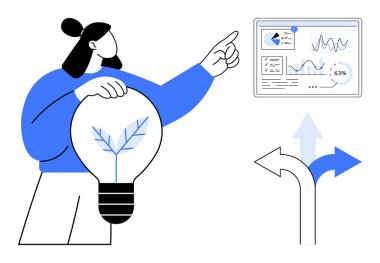 Kadın, analitik gösterge paneline işaret eden, yaprak tasarımlı, çevre dostu bir ampul tutuyor. Yön okları karar verme mekanizmasını gösteriyor. Sürdürülebilirlik, strateji, veri, yenilik, büyüme için ideal