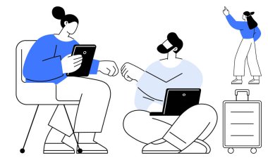 İş arkadaşları laptoplarla işbirliği yapıyor, fikirleri tartışıyor, bavulu önünü gösteren bir kişi var. Uzak çalışma, seyahat, planlama, takım çalışması, dijital araçlar, iş stratejisi dairesi için ideal