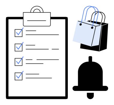 Kontrol panosu, kontrol işaretleri, alışveriş torbaları, ve uyarı çanı vurgu organizasyonu ve e-ticaret verimliliği. Üretkenlik, perakende, hatırlatıcı, çevrimiçi alışveriş, görev için ideal