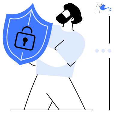 Kilit sembollü kalkanı tutan adam güvenlik ve korumayı simgeliyor. Köşedeki küçük musluk risk oluşturur ya da sızıntı yapar. Siber güvenlik, veri güvenliği, savunmasızlık, risk yönetimi, mahremiyet için ideal