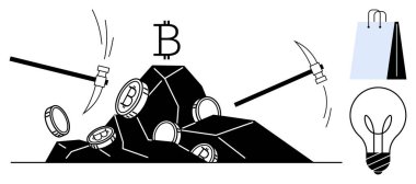 Kazmalar Bitcoin 'i çekerken kayalardan bozuk paralar çıkıyor. Alışveriş çantası ve ampul yenilik, ticaret ve sürdürülebilir teknolojiyi sembolize ediyor. Finans, madencilik, kripto para birimi ve e-ticaret için ideal.