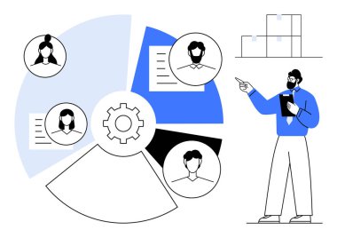 Ekip performans analizini vites ve segmentli pasta grafiğinin yanında sunan adam. İş akışı simgelerine bağlı dört takım profili. Strateji, işbirliği, iş akışı, liderlik, organizasyon için ideal