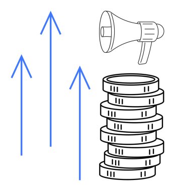 Yükselen mavi okları olan bozuk paralar ve finansal büyümeyi, pazarlamayı, yatırımı ve ilerlemeyi sembolize eden bir megafon. İş, girişim, gelir, terfi, ekonomi yeniliği için idealdir.
