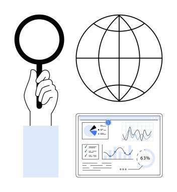 El ele tutuşan büyüteç, küresel erişimi gösteren küresel ızgara sembolü ve grafik ve grafiklerle dijital analitik paneli. Araştırma, analitik, iş anlayışı, veri bilimi ve küresel için ideal