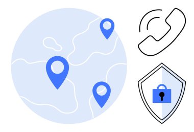Konum noktalarını gösteren harita, telefon alıcı simgesi, kilitli kalkan. Telekomünikasyon, güvenlik, navigasyon, bağlantı, müşteri hizmetleri küresel siber savunma için idealdir. Soyut satır düzlüğü