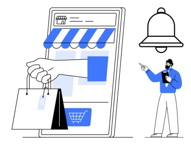 Tenteli akıllı telefon mağazası, alışveriş çantaları, alışveriş arabası ikonu, uyarı zili ve panoya işaret eden bir adam. E-ticaret, perakende, dağıtım, pazarlama için ideal