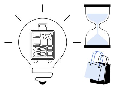 Organize bavullu ampul, kum saati ve alışveriş torbaları. Seyahat planlama, paketleme ipuçları, zaman yönetimi, verimlilik, organizasyon alışverişi hazırlama seyahat hacklemeleri için ideal. Basit.