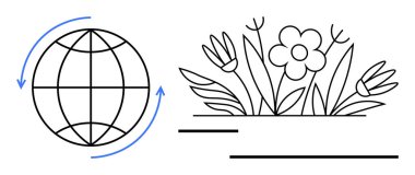 Çiçek ve bitkilerin yanında oklarla çevrili bir dünya. Çevre, sürdürülebilirlik, denge, doğa, ekoloji, büyüme, koruma için idealdir. Düz basit metafor