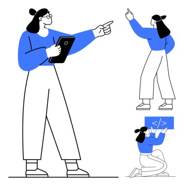 Tablet jestleri olan, fikirleri paylaşan programlama kodları yazan ve takım çalışmasına katılan bir kadın. Teknoloji, iletişim, yaratıcılık, takım çalışması, sorun çözme eğitimi için ideal