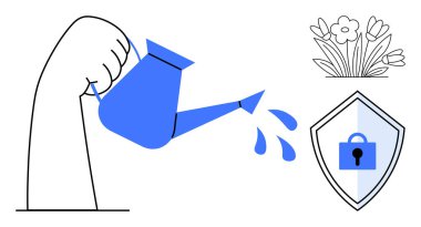 El ele tutuşan su bidonları, damlacıklar, çiçek açan çiçekler, asma kilitli kalkan. Büyüme, yetiştirme, koruma, güvenlik yatırımları geliştirme için ideal. Mavi ve beyaz soyut çizgi düz