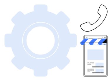 Sistem optimizasyonu için vites gösterimi, iletişimi sembolize eden telefon ve e-ticaret çözümleri için çevrimiçi mağaza arayüzü. İş, teknoloji, e-ticaret, iletişim için ideal