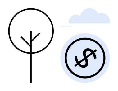 Yüzen para ve bulutun yanında ağaç grafiği. Sürdürülebilirlik, eko-ticaret, büyüme, çevre, finans, doğa, yenilik için idealdir. Düz basit metafor