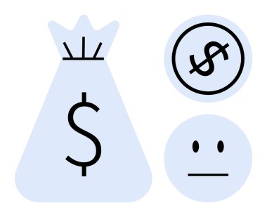 Dolar işaretli para çantası, duygusuz yüz ve dolarla çevrili daire. Finans, tasarruf, yatırım, bütçe, iş planlaması, gelir ekonomisi sade metaforu için ideal