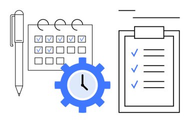 İşaretli takvim, pano kontrol listesi, kalem ve saat teçhizatı organizasyon, planlama ve verimliliği temsil ediyor. Zamanlama, teslim tarihleri, iş akışı görev önceliği belirleme hedefi için ideal