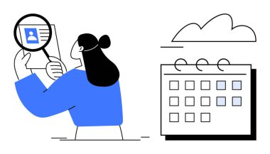 Bir takvimin yanında büyüteçle kullanıcı profilini inceleyen kadın figürü. İşe alım, iş arama, planlama, organizasyon, zaman yönetimi, personel takibi için ideal. düz basit