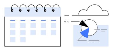 Mavi röfleli takvim bir bulut simgesi ve pasta grafiğiyle eşleştirildi. Planlama, veri yönetimi, üretkenlik, analitik, bulut hesaplama, strateji, dijital araçlar için ideal. Minimalist düz basit