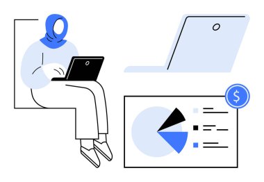 Laptop kullanan tesettürlü kadın, ayrıntılı pasta grafiği analizi, finans sembolü. İşletme, verimlilik, teknoloji, girişimcilik, uzaktan yönetim veri analizi için idealdir. Düz