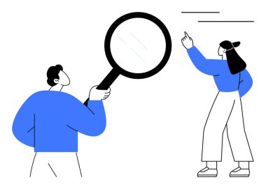 Elinde büyüteç tutan adam detayları analiz ediyor, kadın kavramı vurguluyor. Takım çalışması, araştırma, analiz, odaklanma, keşif ve eğitim iletişimi için ideal. Düz basit metafor