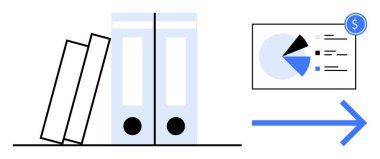 Ofis klasörleri, içinde turta grafiği ve metrikler bulunan ön oku olan bir mali konsolun yanında. Finans, veri analizi, iş kararları, belgeler, iş akışı, planlama büyümesi için ideal. Düz