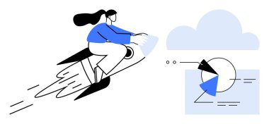 Dinamik hareketli kadın rokete biniyor, analitik grafik ve buluta yaklaşıyor, hızlı büyümeyi, geleceksel düşünceyi, başarıyı, teknolojiyi, vizyonu, analitik yeniliği sembolize ediyor. İdeal