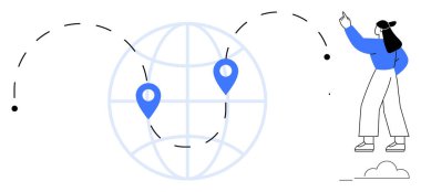 Noktalı çizgilerle birbirine bağlı iki konum belirteci olan küreyi gösteren bir kadın. Teknoloji, iletişim, seyahat, navigasyon, yenilik, küresel ağ, yön için idealdir. Düz basit metafor