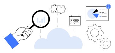 Bulut tabanlı grafiği, bulmaca parçalarını, takvimi, mali konsolu ve vitesi inceleyen büyüteçle. Analiz, teknoloji, bulut hesaplama, problem çözme finansmanı için ideal