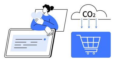 Tabletin yanında kalp sembolünü kucaklayan kişi, sürdürülebilir kararları temsil eder. Alışveriş arabasının üstündeki CO2 bulutu karbon emisyon farkındalığını gösteriyor. Çevre ticareti ve çevrimiçi platformlar için ideal