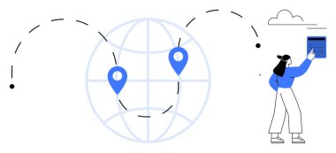 Kesik çizgilerle birbirine bağlı iki lobut olan bir dünya. Bulutun altında tablet kullanan bir kadın. Seyahat, seyrüsefer, küresel erişim, teknoloji, lojistik, bağlantı e-öğrenme için idealdir. Düz basit