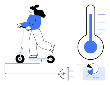 Elektrikli scooter kullanan bir kadın, elektrik prizine bağlı, yakınlarda bir termometre ve veri tablosu var. Sürdürülebilirlik, gidiş-dönüş, enerji, kentsel hareketlilik, teknoloji, verimlilik eko-yaşam için ideal