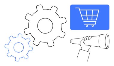 Sistemleri ve süreçleri temsil eden iki vites, stratejik içgörü için bir teleskop, ekom için bir alışveriş arabası ikonu. Strateji, ekommerce, yenilik, planlama, takım çalışması için ideal