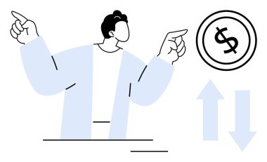 Yükselen ve alçalan oklarla dolar çemberini işaret eden bir kişi, finansal karar verme mekanizmalarını, piyasa eğilimlerini, iş stratejilerini, yatırım yönetimini temsil ediyor. Finans, ekonomi ve büyüme için ideal