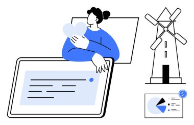 Dijital tablet, yel değirmeni ve pasta grafiğinin yanında oturan kalp şeklinde sarılan bir kadın. Sürdürülebilirlik, yenilenebilir enerji, finans, çevre dostu yaşam, teknoloji yeniliği ve empati için ideal. Düz