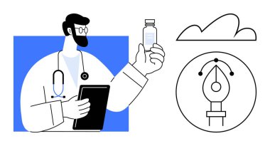 Stetoskop üzerinde çalışan bir doktor, elinde tablet var. Grafik elementler yaratıcılığı, teknolojiyi ve bulutu sembolize eder. Sağlık, yenilik, veri, takım çalışması eğitim yaratıcılığı için ideal