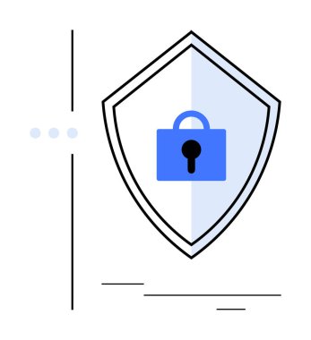 Mavi asma kilit çift tonlu bir kalkanın içinde siber güvenliği, veri korumasını ve güvenli bağlantıları simgeler. Dijital güvenlik, veri gizliliği, şifreleme, ağ güvenliği, siber savunma için ideal