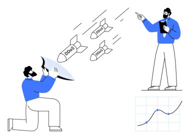 İki profesyonel DDoS saldırılarını engelliyor biri kalkan kullanarak diz çöküyor, diğeri de grafiği izliyor. Siber güvenlik, takım çalışması, analitik, koruma, tehdit algılama, iletişim, konsept