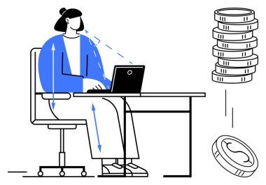 Masada oturan kadın dizüstü bilgisayar, fikir ve veri akışını gösteren oklar, maddi büyümeyi veya yatırımı simgeleyen paralar kullanıyor. Üretkenlik, finans, veri, yenilik ve yatırım için ideal