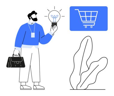 Elinde parlak bir ampul tutan adam, fikirleri sembolize eden, alışveriş arabasının, evrak çantasının ve bitkinin yanında. E-ticaret, yenilik, girişimcilik, teknoloji sektörü stratejisi için ideal online alışveriş yaratıcı