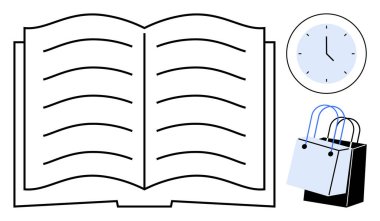 Açık bir kitap, saati gösteren bir saat, iki alışveriş çantası. Eğitim, zaman yönetimi, okuma, alışveriş, okuryazarlık perakende kavramları için ideal. Temiz tasarım minimalist stil soyut çizgi